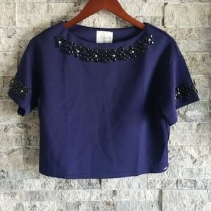 NWT Line & Dot Beaded Crop Top in Navy Blue